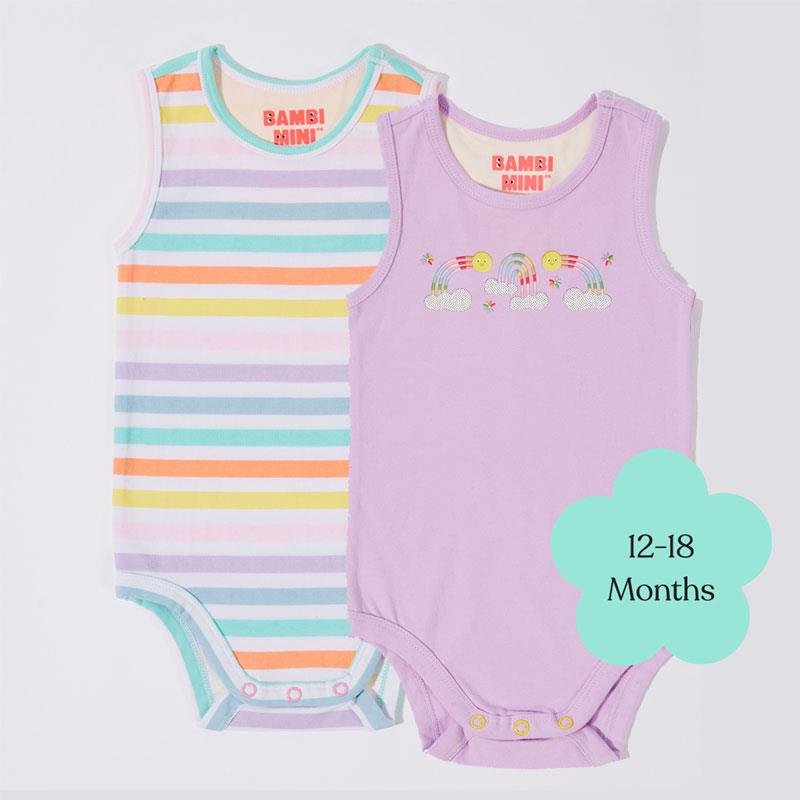 Bambi Mini Co. Supersinglet 婴儿背心式连体衣 12-18个月 兰花印花+多色条纹 2件装