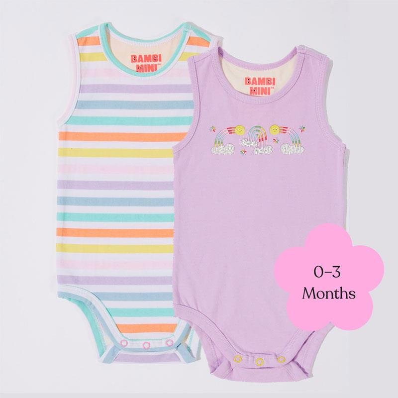 Bambi Mini Co. Supersinglet 婴儿背心式连体衣 0-3个月 兰花印花+多色条纹 2件装