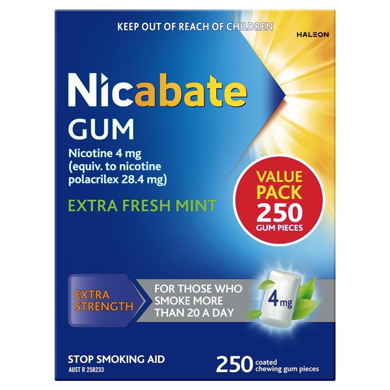 Nicabate 尼古丁戒烟咀嚼胶 4mg 特清新味 250粒