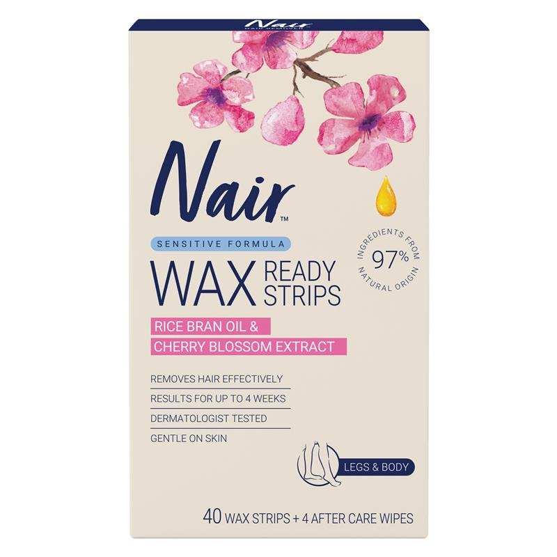 Nair Sensitive Formula Wax Ready Strips Rice Bran Oil & Cherry Blossom Extract Legs & Body 40 Pack