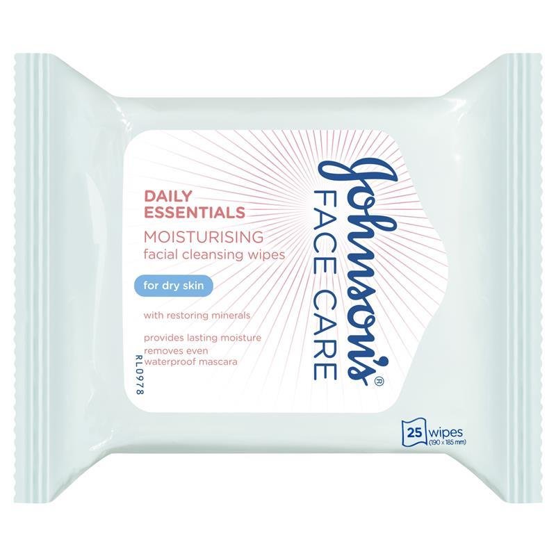 Johnson's Face Care Moisturising Facial Cleansing Wipes For Dry Skin 25 Pack