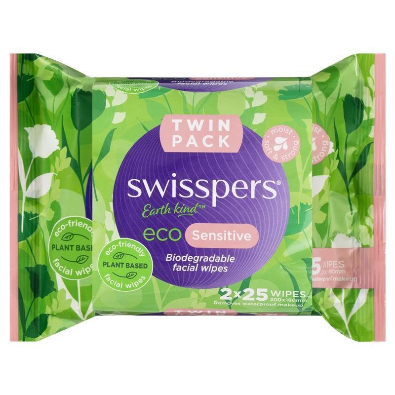 Swisspers Eco Sensitive Biodegradable Facial Wipes Twin Pack 2 x 25 Wipes