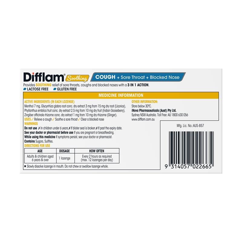 Difflam Soothing Cough + Sore Throat + Blocked Nose Honey Lemon 16 Lozenges