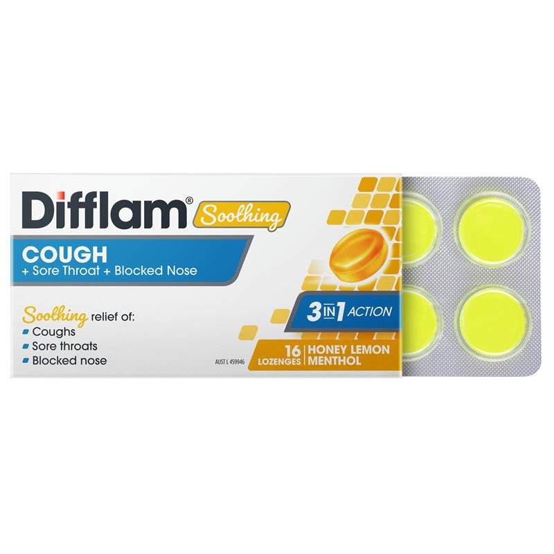 Difflam Soothing Cough + Sore Throat + Blocked Nose Honey Lemon 16 Lozenges
