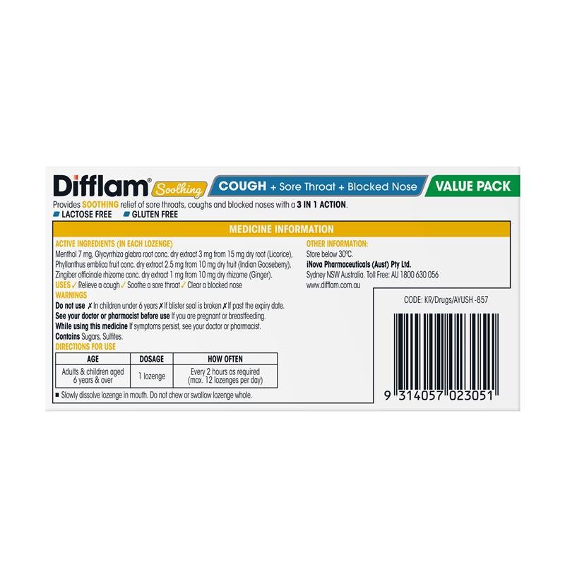Difflam Soothing Cough + Sore Throat + Blocked Nose Honey Lemon 32 Lozenges