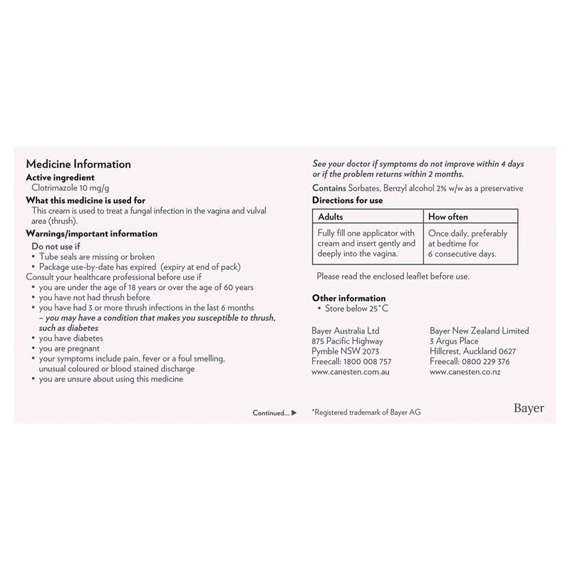 Canesten Clotrimazole Thrush Treatment 6 Day Cream 1% - Clotrimazole (S3)