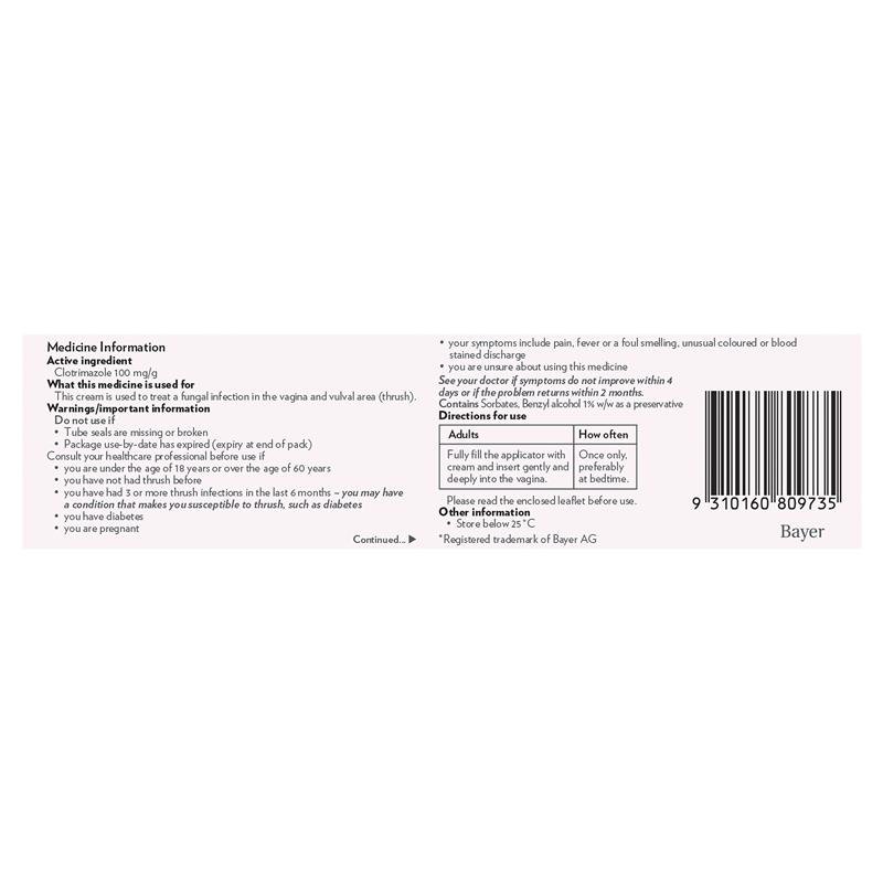 Canesten 1 Day Thrush Treatment Internal Cream - Clotrimazole (S3)
